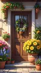 Flower-adorned doorway with blooming colors. Pots lining the steps create a vivid, floral entrance