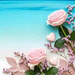 Pink roses and hearts on a tropical beach with ocean