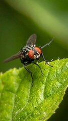 Fly sits on a leaf with bright eyes. Nature scene showing insect, leaf texture and green foliage