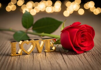 Golden LOVE letters and red rose on rustic wood, bokeh lights