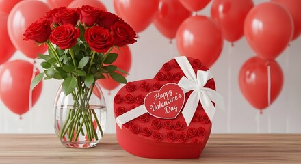 Valentine's Day celebration with roses, gift box, and balloons