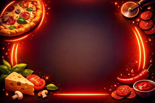 A gourmet pepperoni pizza theme frames a dark, moody background ideal for restaurant advertising copy space.