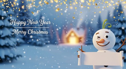 Cheerful Snowman Winking in Snowy Winter Wonderland with Holiday Greetings and Golden Bokeh Lights, Holding Blank Scroll for Custom Message