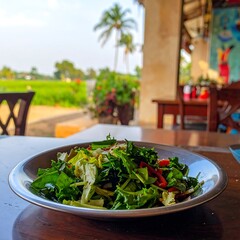 Fresh green salad on table with restaurant veranda background looking into tropical field on sunny day