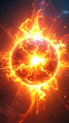 Fiery celestial body emits bright light against a nebular backdrop, with swirling flames and radiant energy