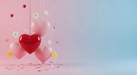 Hanging hearts and flowers on a soft pink and blue gradient background