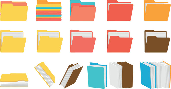 Colorful File Folder and Document Stack Set for Office Organization Flat Vector Illustration