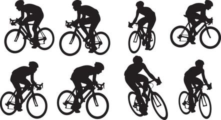 Obraz premium Silhouettes of cyclists in various riding positions and motions