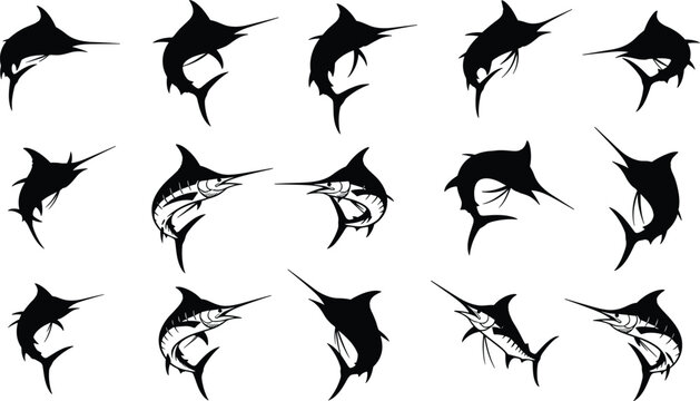 Blue marlin fish silhouettes set isolated on white background, jumping swordfish sailfish vector icons for sea fishing tournament logos and ocean design.