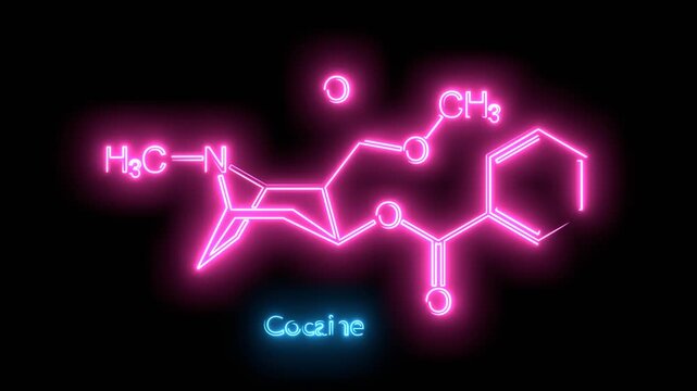 Cocaine stimulant drug molecule. Skeletal formula. Neon glowing.
