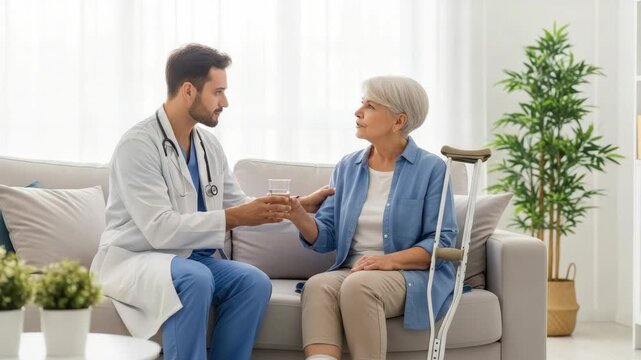 Doctor Offers Water To Senior Patient With Crutches On Sofa With Plant Bookshelf In The Background For Healthcare Medical Content
