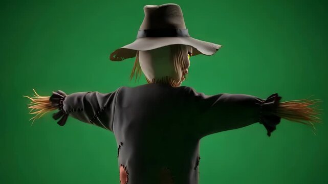 Creepy scarecrow with glowing eyes in dark outfit and hat