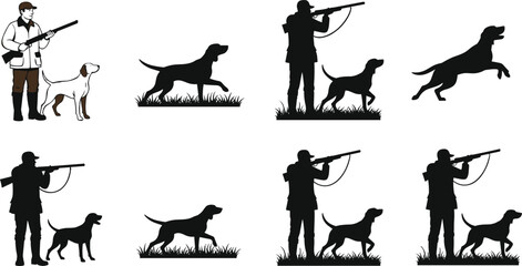 Fototapeta premium Detailed Black Silhouettes of Hunters with Shotguns and Their Loyal Pointer Dogs in Various Poses for Hunting Season Nature and Wildlife Graphic Designs,