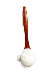A high-resolution 45MP photograph of yogurt on a wooden spoon, taken using focus stacking technique, for illustrative purposes.