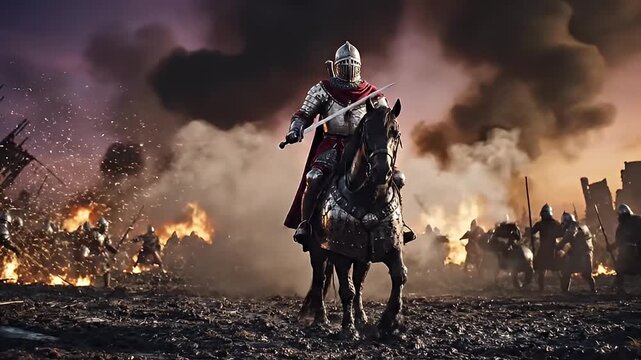 A valiant knight in shining armor on horseback leads his army into a fiery medieval battle scene with smoke and destruction.
