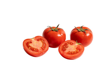 Fototapeta premium Three whole red tomatoes and two halved slices, showcasing juicy interiors, isolated on a clean white background. Highlighting freshness and natural ripeness for culinary use.