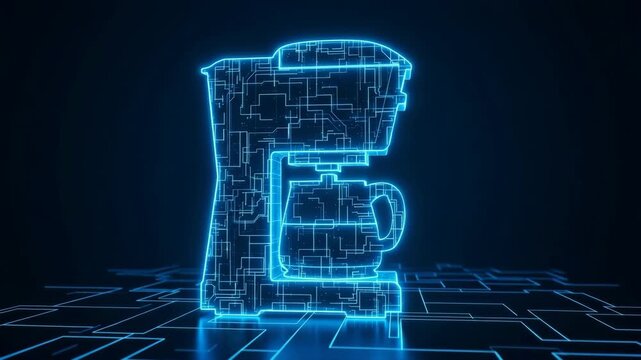 Glowing Digital Outline Of Coffee Maker Emitting Blue Light Against Dark Blue Background Possibly Technology Innovation For Tech Appliance Themes
