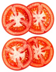 Four vivid, juicy red tomato slices arranged in a stack, showcasing their seedy innards against a plain white backdrop
