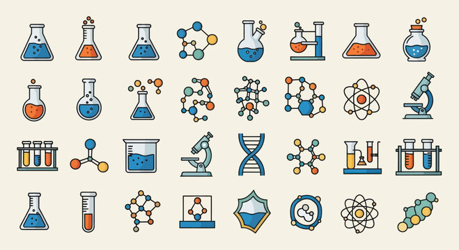 Collection of Hand-Drawn Chemistry and Science Laboratory Equipment Icons.