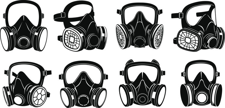 Vector, black, silhouettes, of, industrial, respirator, gas, masks, for, face, protection, safety, equipment, air, filtration, toxic, dust, and, chemical, fumes, designs