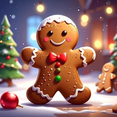 Gingerbread cookie figure in festive winter scene with snow and Christmas trees, lights softly blurred in background