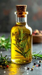 Glass bottle of yellow infused oil, with rosemary sprigs and cork stopper, sits on a gray textured surface