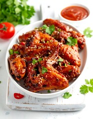 Glazed chicken wings sprinkled with sesame seeds and parsley, served with tomato sauce on a white background