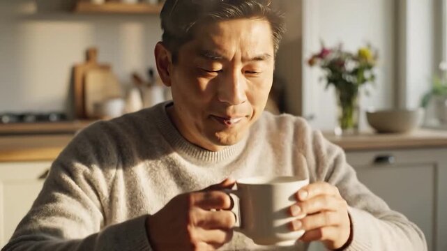Man drinks from a mug in a sunlit kitchen, wearing a sweater, morning routine