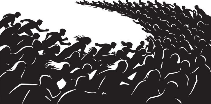 Large crowd of people running in a single direction