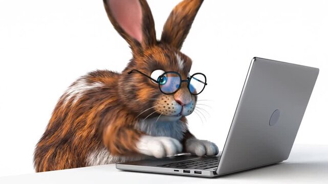 Funny Rabbit Cartoon Character Using Laptop, 3D Animation, Easter Creative Design, 3D Illustration