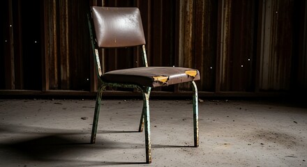 Damaged chair in dark room interior.