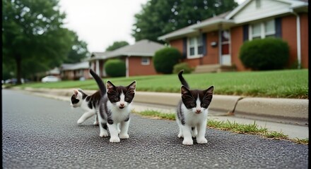 Three black and white cats walking.