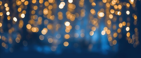 A blurred background of warm golden lights, creating a dreamy and festive atmosphere with a cool blue backdrop.