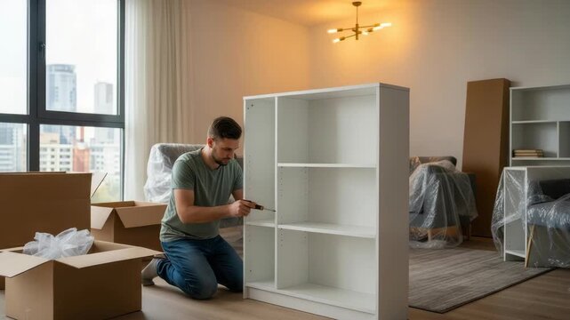 Man Assembles White Bookcase In New Apartment With Unpacking Boxes Furniture In Protective Plastic Visible Moving Diy Tasks For Home Improvement Projects