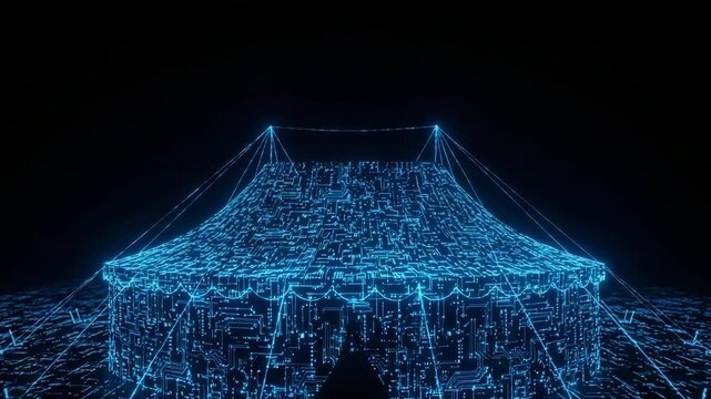 Glowing Digital Big Top Circus Tent With Circuit Board Patterns Illuminated In Blue Set Against Dark Background Concepts Of Technology Entertainment