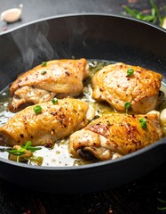 Golden-brown chicken thighs sizzling in a black pan, with herbs and garlic. Steam rises, showing a freshly cooked meal