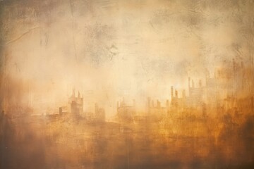 A warm, textured abstract landscape with indistinct silhouettes of buildings, creating a nostalgic and atmospheric mood.