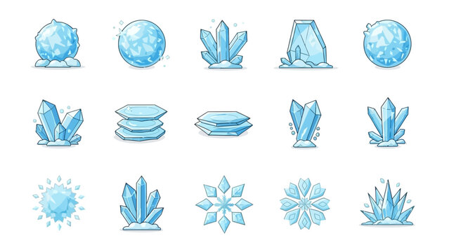 Collection of blue crystal illustrations showcasing various shapes and forms from different viewpoints