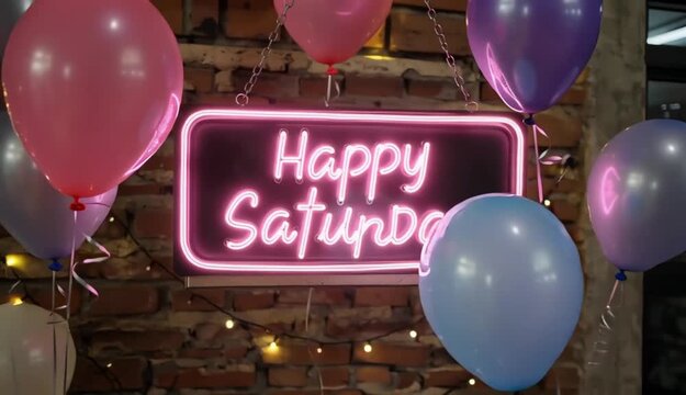 Happy Saturday Neon Sign with Party Balloons and Bokeh Lights