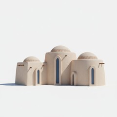 A trio of stylized, dome-roofed buildings with intricate patterned detailing, set against a plain background, conveying a sense of architectural elegance.