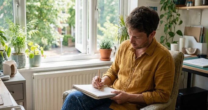 Man sketching in home studio near window