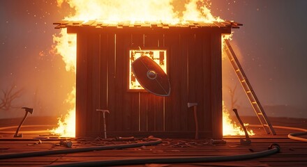 Burning wooden house with flames rising.