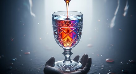 Red wine pouring into crystal glass.