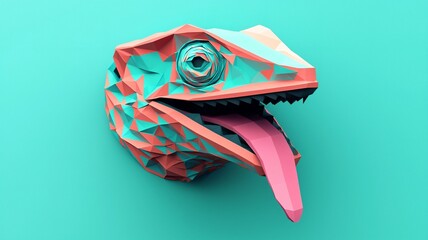 Colorful Low-Poly Lizard Head with Tongue on Vibrant Background