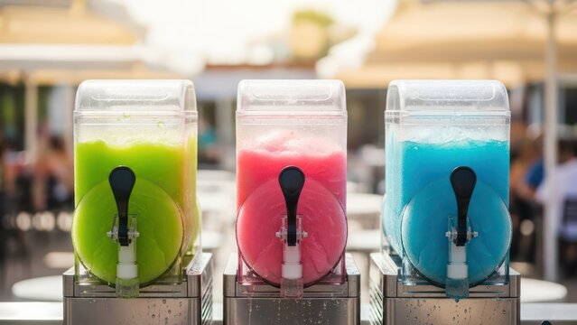 Refreshing vibrant frozen beverages showcased in sleek dispensers ready to serve summertime