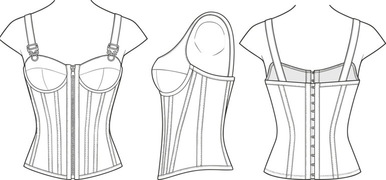 Corset lingerie technical fashion flat illustration with structured cups, adjustable straps, front side and back view design