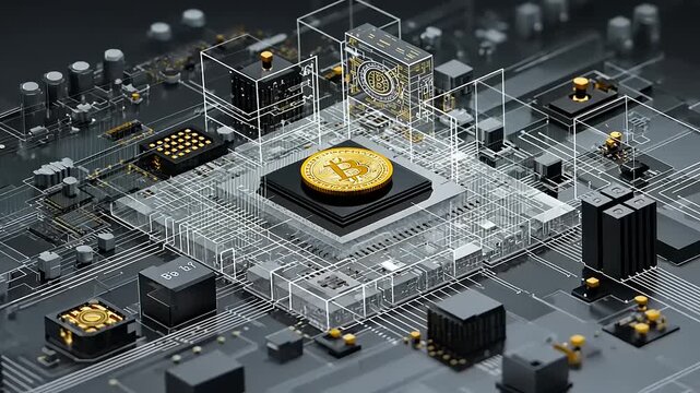 Digital Cryptocurrency Concept with Bitcoin on a Circuit Board Surrounded by Data Structures