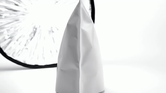 Silvery resealable stand-animated movie pouch with reflective surface, textured material, and airtight zipper closure, set against a minimalist white background with artistic circular patterns