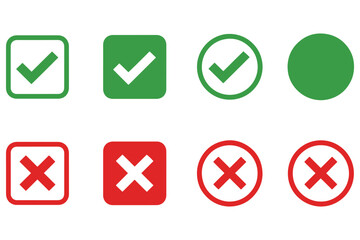A collection of green checkmark and red cross icons on a white background