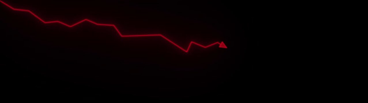 Red Line Graph Decreasing Trend with Arrow on Black Background for Business and Finance Presentations